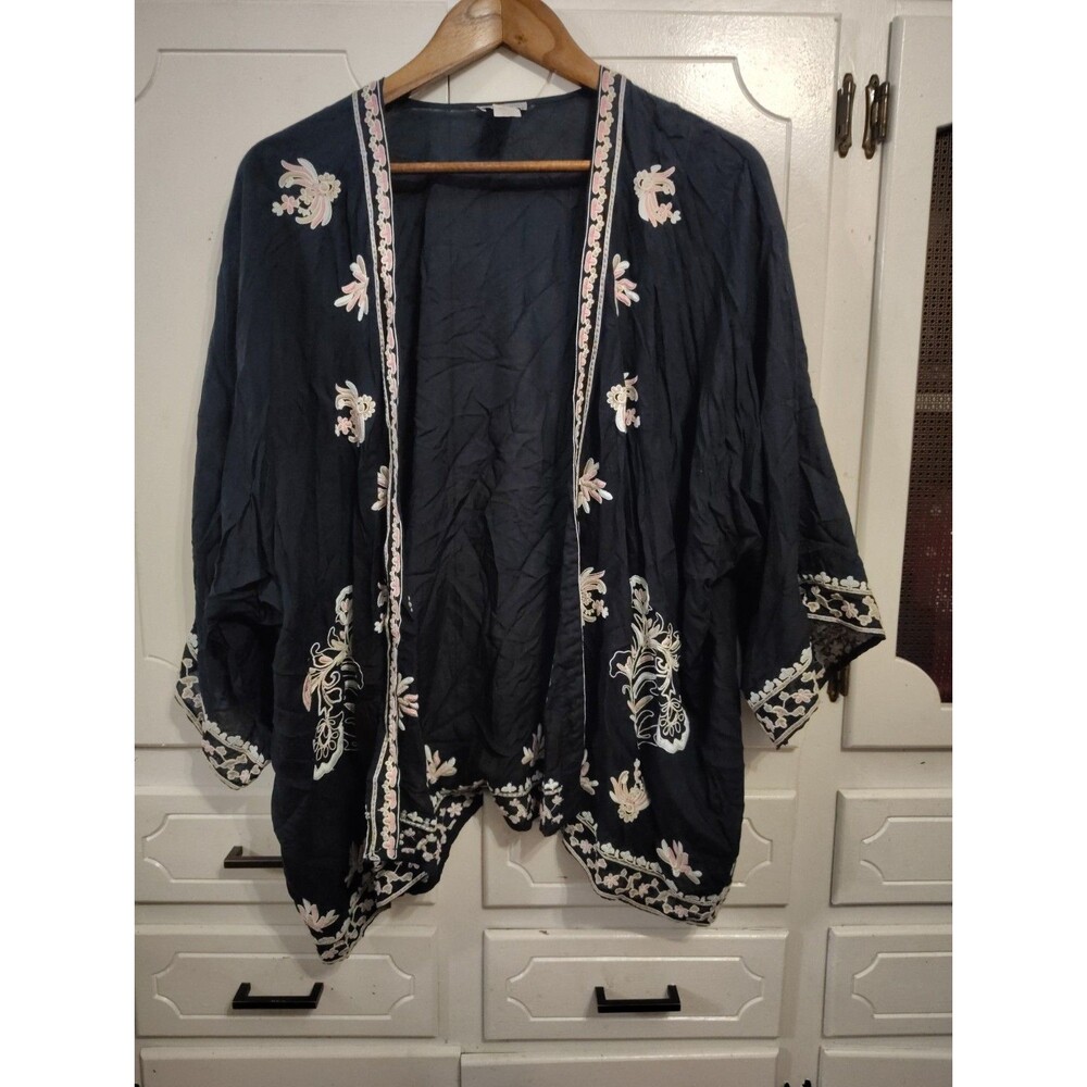 J. Jill Embroidered Blue Open Front Kimono Cardigan One Size OS